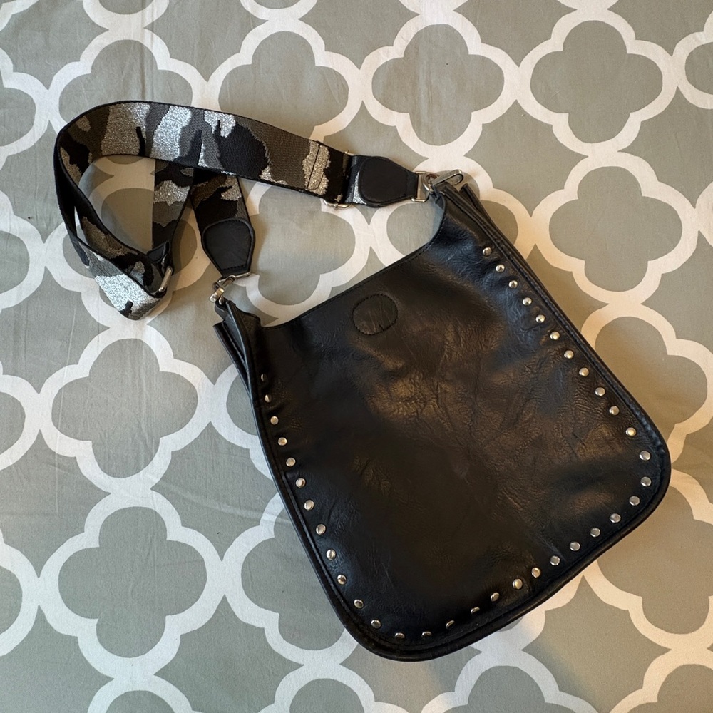 Ahdorned Black Studded Crossbody with Camo Strap